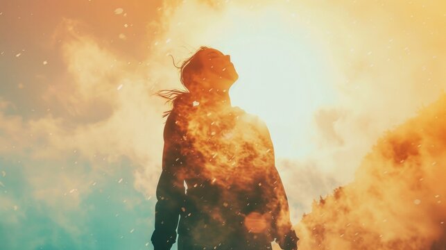 Woman celebrating on a mountain looking up to the sky. Letting go of all your mental fears. Hope, mental strength concept. Double exposure.