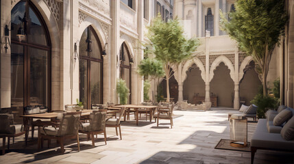 A sun-drenched courtyard, with arched walkways, outdoor seating, and lush greenery. Tranquil and elegant.

