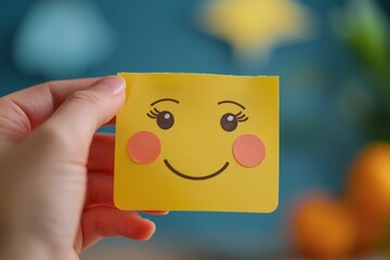 Obraz premium Hand choosing happy smile face paper cut, good feedback rating and positive customer review, experience, satisfaction survey ,mental health assessment, child wellness,world mental health day concept