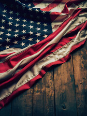 A crumpled American flag laid on an old wooden table.