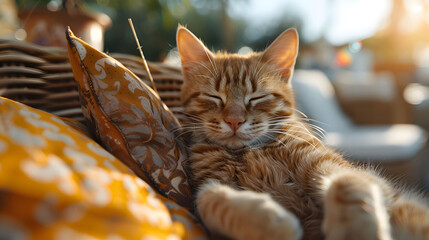 Serenity in Sunlight: Ginger Cat Napping on Wicker Furniture