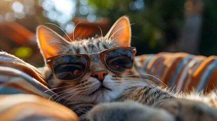 Cool Cat Wearing Sunglasses Relaxing Outdoors