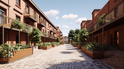 3d rendering of a narrow street with brick buildings and trees