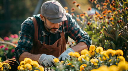 A male gardener at work pruning flowers in the fields. Gardening - obrazy, fototapety, plakaty