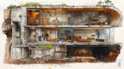 Sectional view of a drawing of an underground house with a multi-level layout. The space includes living rooms. Concept: underground dwellings, bunkers, innovative living spaces.