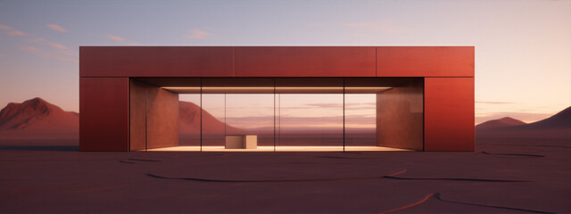 A minimal render of a structure in a desert at sunset in warm colors with a retro futurism style.