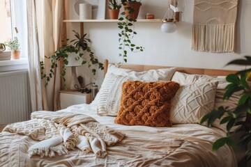 Obraz premium Cozy bedroom with plants and morning light. A well-lit, inviting bedroom with wooden furniture, green houseplants, and warm morning sunlight streaming in through the bay windows