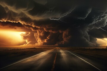 Unlit Rural road before storm. Weather clous dramatic sky power. Generate Ai