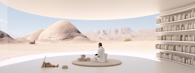 Futuristic library interior with a large curved window to the desert landscape beyond