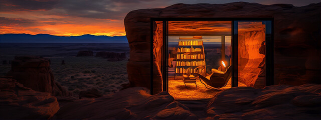 Futuristic cozy reading nook carved into a rock with a scenic desert landscape view at sunset in warm colors - obrazy, fototapety, plakaty