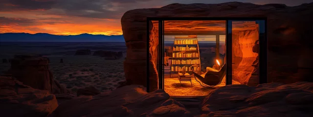 Fotobehang Futuristic cozy reading nook carved into a rock with a scenic desert landscape view at sunset in warm colors © AaliAmin