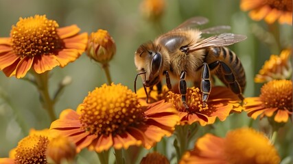 Close-up of an apis mellifera bee on helenium flowers - obrazy, fototapety, plakaty