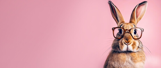 funny festive bunny in glasses. cool bunny with glasses on a pink background. Easter card