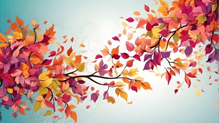 Naklejka na ściany i meble Illustration background of a colorful tree with leaves dangling from the branches. wallpaper with abstraction. multicolored leaves on a flowering tree