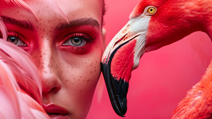 portrait of a person and a flamingo nexto to her face pink and red colors