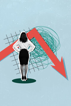 Vertical creative magazine collage of young girl entrepreneur look decline profits trouble crisis recession arrow down graph isolated on blue background