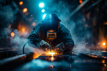 Intense Welding Action with Sparks in Atmospheric Workshop
