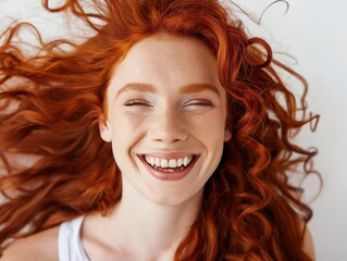 A joyful redhead woman with a vibrant smile, closed eyes and fluttering curly hair.