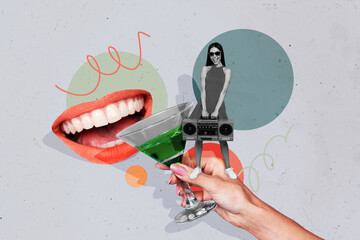 Creative collage standing young cool girl weekend pub cocktail drink face fragment mouth caricature toothy smile relax entertainment party - obrazy, fototapety, plakaty