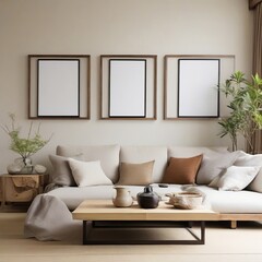 Modern living room interior with mock-up poster frames - obrazy, fototapety, plakaty