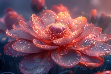 Ethereal light rays on dewy flower, master painting, radiant and textural, haven of beauty, color highlights