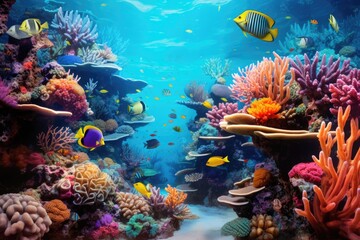 Fototapeta na wymiar Coral Reef and Tropical Fish in Sunlight. Singapore aquarium