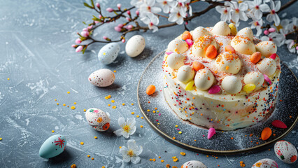 Fototapeta na wymiar Easter Extravaganza Treats: Tasty Baking Bedecked with Decorative Edible Finishes and Eggs 