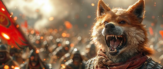Fluffy Shiba Inu, military attire, hyper-realistic, heartily laughing, anthropomorphic gestures on battlefield - obrazy, fototapety, plakaty