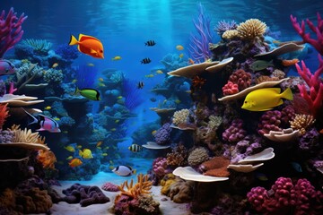 Coral Reef and Tropical Fish in Sunlight. Singapore aquarium