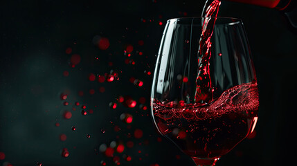 Pouring red wine into glass against black background, closeup. Space for text.