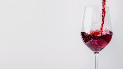 Pouring tasty red wine in glass on white background, closeup. Space for text.