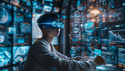 An Asian man wearing a VR headset with a hologram in front of him, writing code or hacking in a control room surrounded by computer screens and projections 