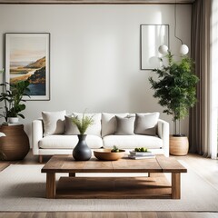 Interior of modern living room with white walls, wooden floor, white sofa, coffee table and plants in pots.