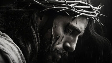 Depiction of Jesus Christ with Crown of Thorns in Shadowy Illumination
 - obrazy, fototapety, plakaty