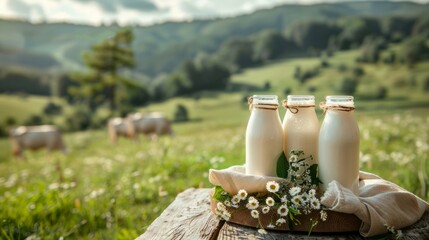 A wooden table adorned with bottles with fresh milk. In the background, a picturesque grassland, accompanied by a herd of dairy cows, highlighting the natural origin of the dairy items - 762369192
