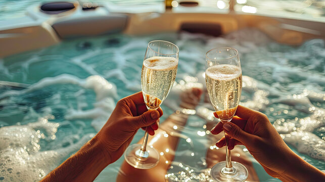 Sweet couple toasting with their champagne glasses while relaxing in the jacuzzi tub, Celebrating honeymoon in luxury.