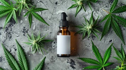 Top view of a dropper bottle with a blank white label, and fresh green cannabis leaves, on a grey concrete surface. Mockup for cannabis-based products - 762369312