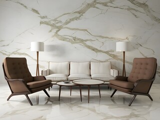 Brown lounge chairs and white sofa with round coffee tables. Mid-century modern living room featuring marble wall.