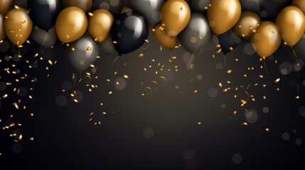 Happy birthday card with gold balloons and confetti isolated on black background with copy space.