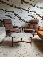 Two brown lounge chairs against white sofa and round coffee tables. Mid-century home interior design of modern living room with marble wall