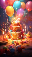 Celebration of a birthday with cake and balloons. cake with colorful balloons. Vertical orientation - obrazy, fototapety, plakaty