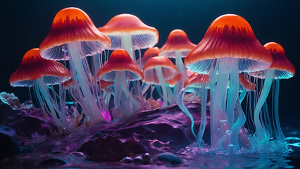 a group of pink mushrooms like jellyfish floating on top body of water in front black background with blue lights.