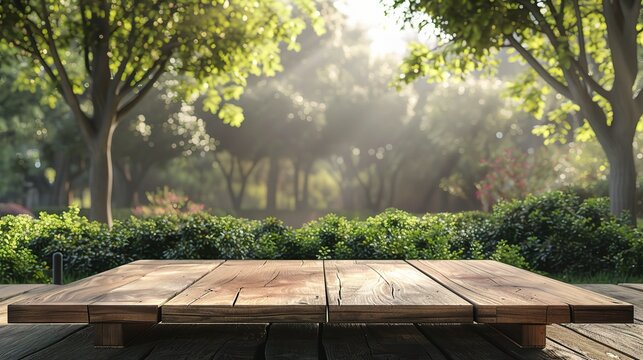 wood table top food stand with blur green park tree background bokeh light