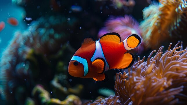 Maroon clownfish on coral reef
