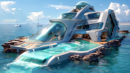 A futuristic waterfront mansion with flowing lines and large glass elements, surrounded by clear seas. - obrazy, fototapety, plakaty