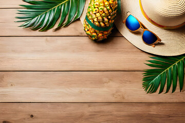 Vacation summer holiday travel tropical ocean sea banner panorama greeting card - straw hat, sunglasses pineapple and palm tree leaves, on wooden table, wood texture background, top view, flat lay