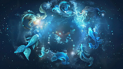 Twelve zodiacs concept. Horoscope Pisces zodiac sign.