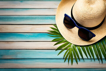 Vacation summer holiday travel tropical ocean sea banner panorama greeting card - straw hat, sunglasses pineapple and palm tree leaves, on wooden table, wood texture background, top view, flat lay