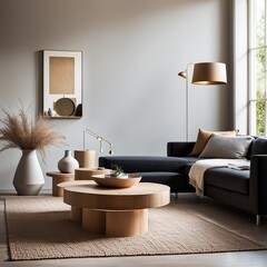 Contemporary living room interior with brown sofa, round coffee table, wooden coffee table and lamp. - obrazy, fototapety, plakaty