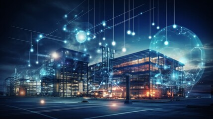 Fototapeta premium Modern factory, communication network. Telecommunication. IoT, Internet of Things, ICT, Information communication Technology,. Smart factory. Digital transformation, cloud connecting